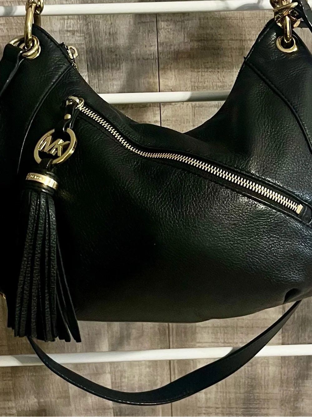 Michael Kors Black Pebbled Leather Hobo with Gold-Tone Tassel Charm